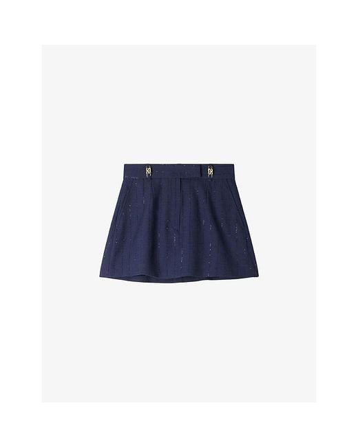 Sandro Blue Striped Sequin-Embellished Woven Skort
