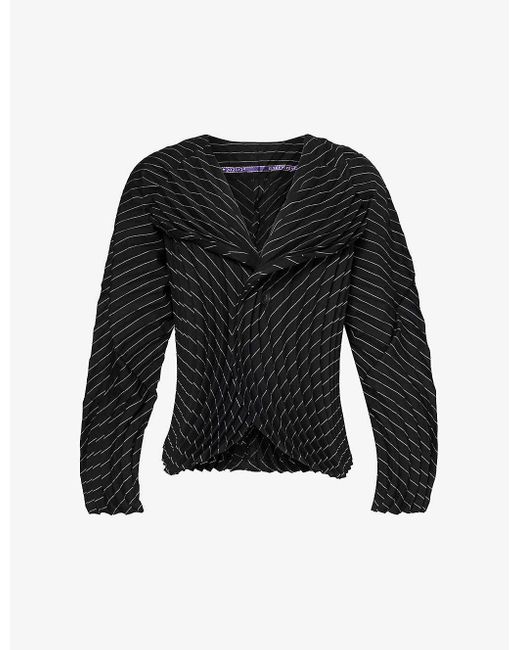 Issey Miyake Black Curved Pleated Pinstriped Wool-blend Jacket