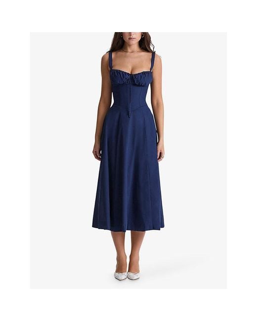 House Of Cb Blue Carmen Sleeveless Cotton-Blend Midi Dress
