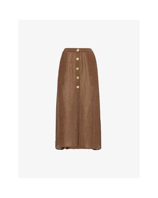 LeKasha Brown Hays Button-Down Linen Midi Skirt
