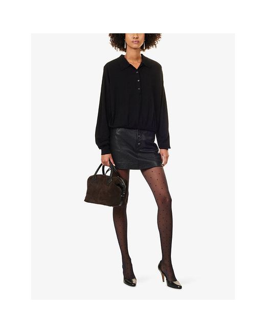 Frankie Shop Black Croydon Padded-Shoulder Wool-Blend Polo Top