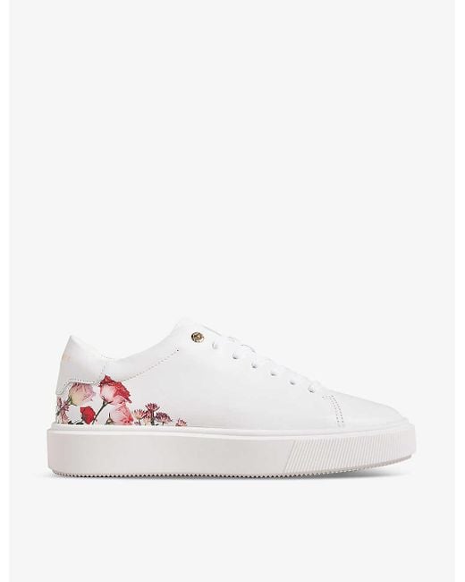 Ted Baker White Lorny Floral-print Platform-sole Leather Low-top Trainers