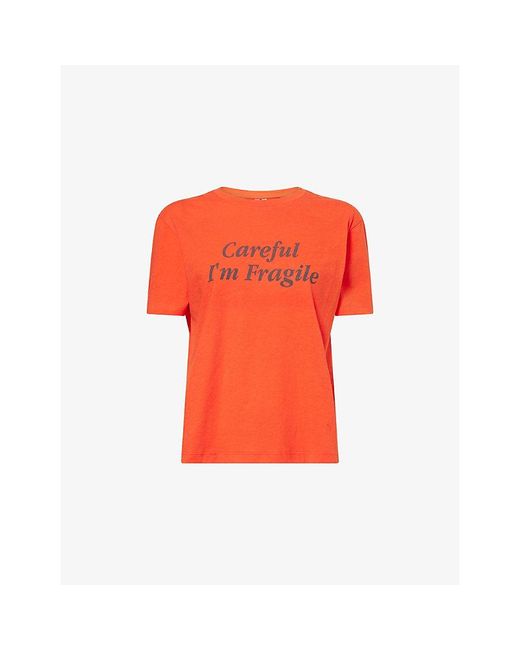 GIMAGUAS Red Careful Text-Print Cotton T-Shirt