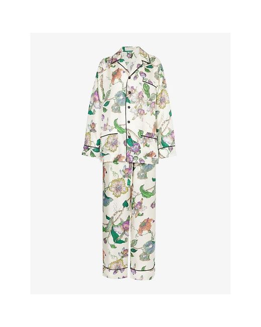 Olivia Von Halle Green Yves Floral-pattern Silk Pyjama Set