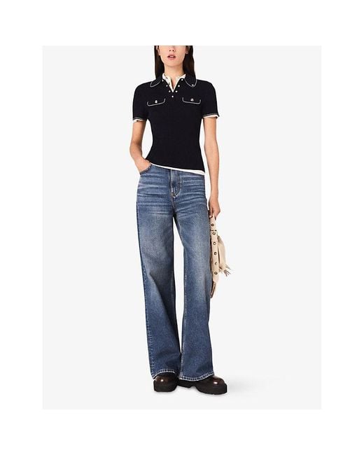 Maje Blue Flap-Pocket Ribbed Stretch-Knit Polo Shirt