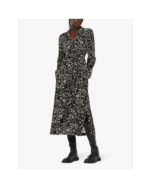 Whistles Black Scribble Bouquet-Pattern Self-Tie Woven Midi Dress