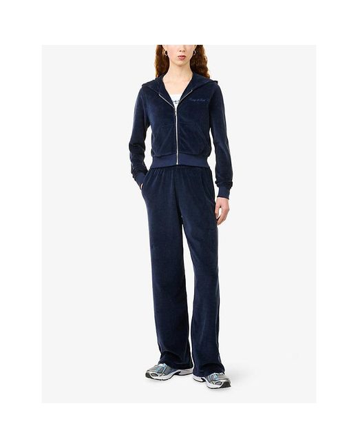 Sporty & Rich Blue Signature-Logo Krystal Zip Velour Hoody