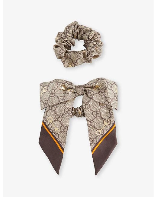 Gucci White Monogram-print Silk Hair Scrunchies Set Of Two