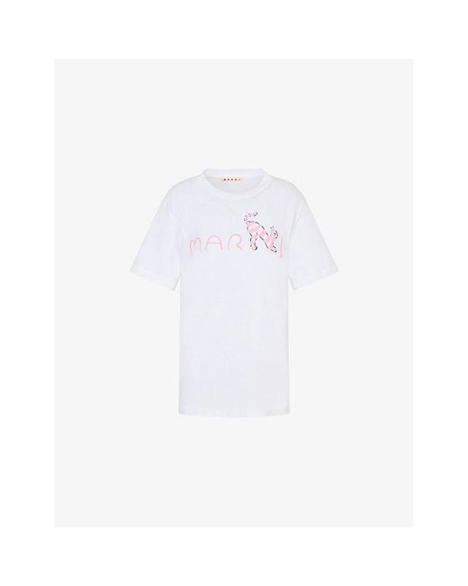 Marni White Animal Alphabet Flocked Logo Cotton T-Shirt