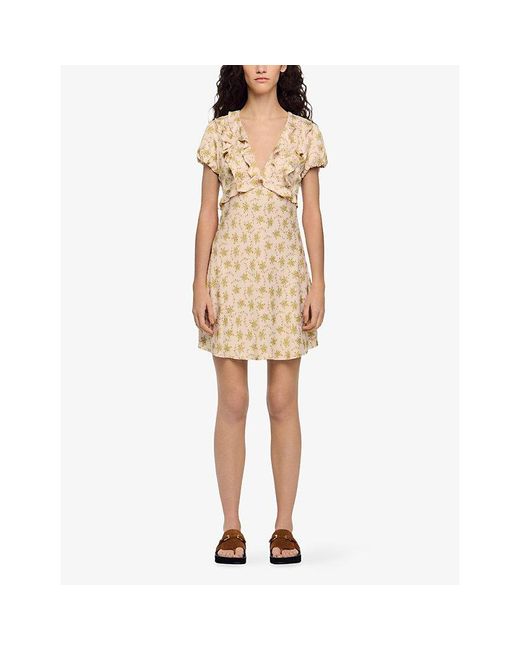 Sandro Natural Floral-Print V-Neck Woven Mini Dress