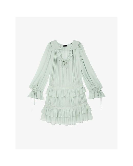 The Kooples Blue Long-Sleeve Ruffled Woven Mini Dress