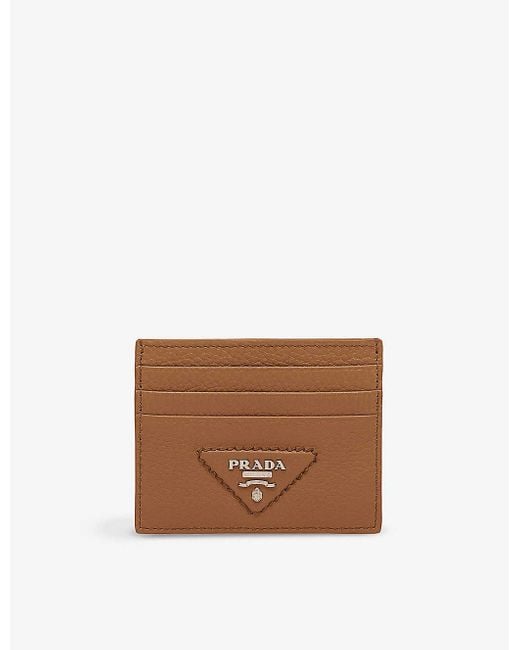 Prada Brown Brand-plaque Grained-leather Card Holder