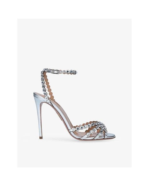 Aquazzura White Tequila 105 Crystal-Embellished Leather Heeled Sandals