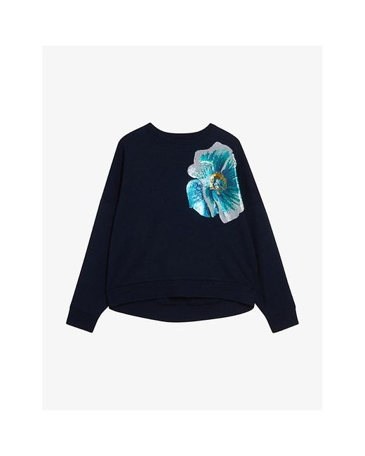 Ted Baker Blue Bayleyy Sequin-flower Embellishment Stretch-jersey Sweatshirt