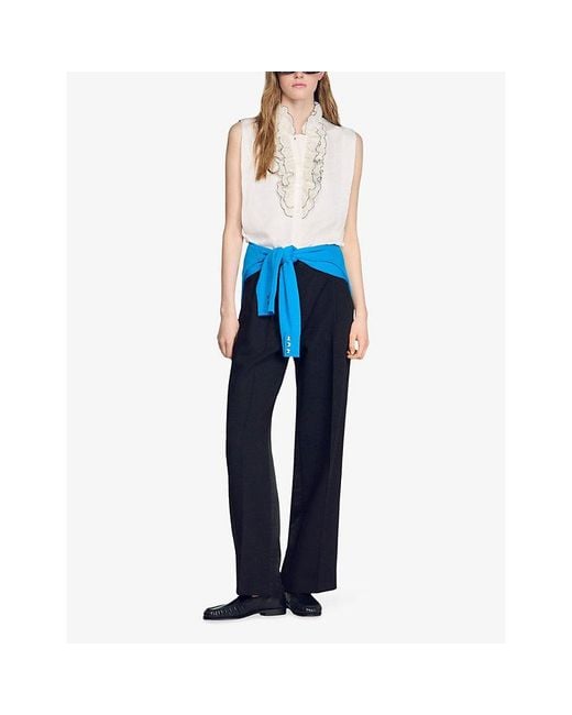 Sandro White Sleeveless Ruffled-Collar Woven Shirt