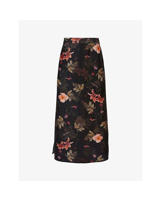 AllSaints Black Asta Floral-print Linen-blend Maxi Skirt