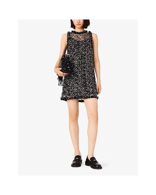 Maje Black Floral Bead-Embellished Woven Mini Dress