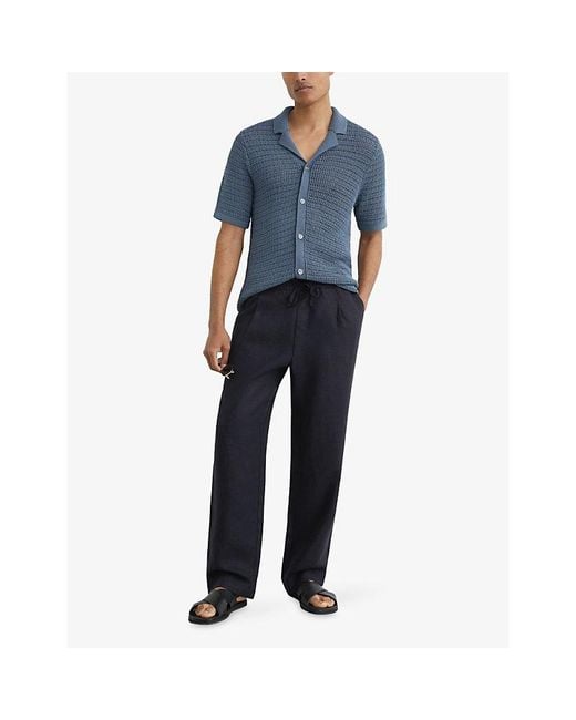 Reiss Blue Barges Drawstring-Waist Linen Trousers for men