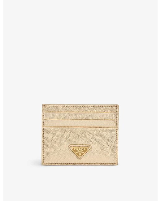 Prada Logo-plaque Saffiano Leather Card Holder in Natural | Lyst