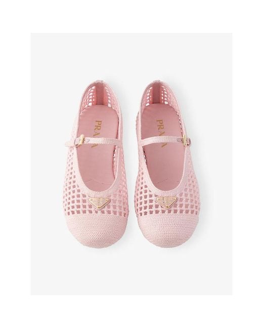 Prada Pink Triangle-Logo Crochet Ballerina Flats