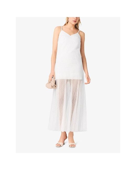 Maje White V-Neck Taffeta-Overlay Woven Maxi Dress