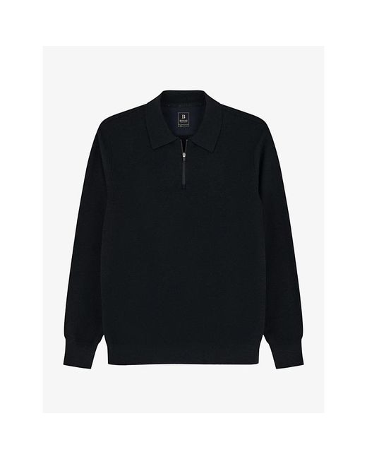 Boggi Black Zip-Neck Long-Sleeve Wool-Blend Polo for men