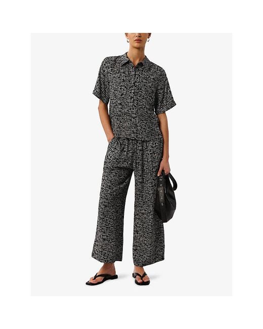 Whistles Gray Grid-Print Elasticated-Waist Woven Trousers