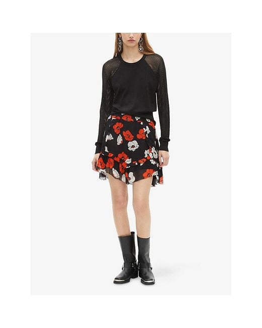 The Kooples Red Floral-Print Asymmetric-Hem Woven Mini Skirt