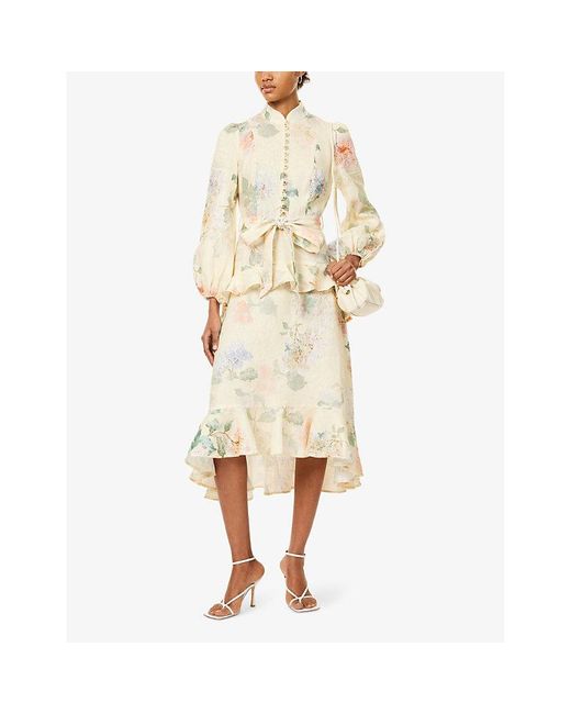 Zimmermann Metallic Illuminate Peplum Linen Midi Dress