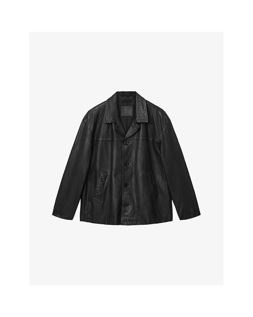 AllSaints Black Bradwell Lapel-Collar Leather Coat for men