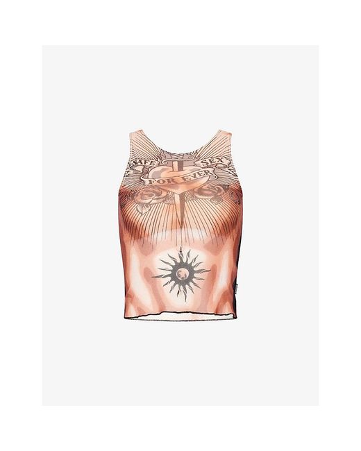 Jean Paul Gaultier Pink Tattoo-Pattern Semi-Sheer Mesh Top