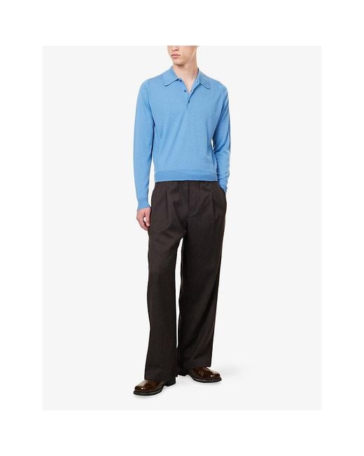 John Smedley Blue X Bill Nighy Long-Sleeve Merino Wool Polo Shirt for men