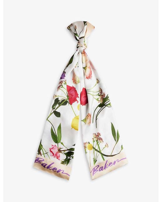Ted Baker White Floral-print Branded Silk Scarf