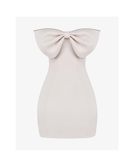 House Of Cb White Ariella Crystal-embellished Bow Woven Mini Dress