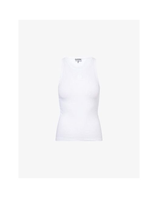 Ganni White Logo-Embroidered Cotton Tank Top