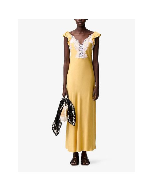 Claudie Pierlot Yellow Ruffle-Sleeved Lace-Trim Satin Maxi Dress