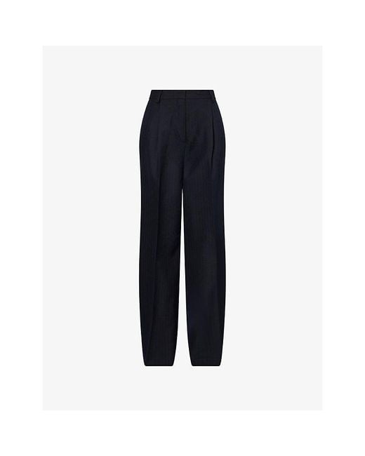 Dries Van Noten Blue Tonal-Herringbone Wide-Leg Wool Trousers