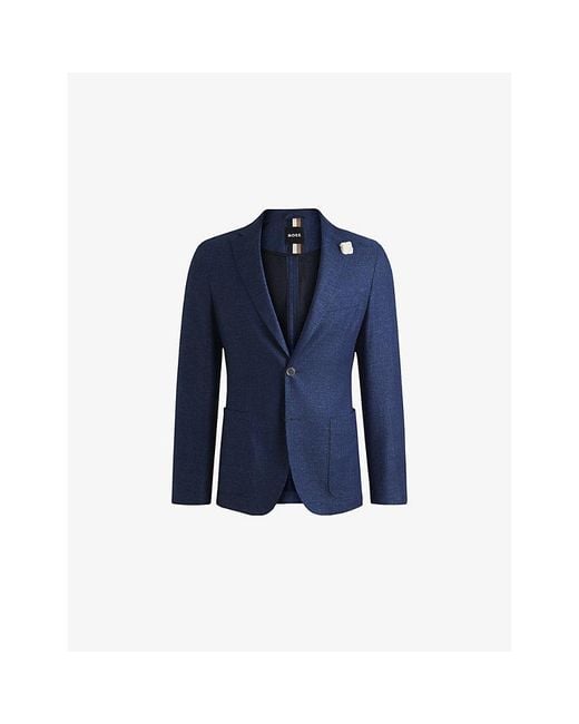 Boss Blue Notched-Lapel Single-Breasted Slim-Fit Woven Blazer for men