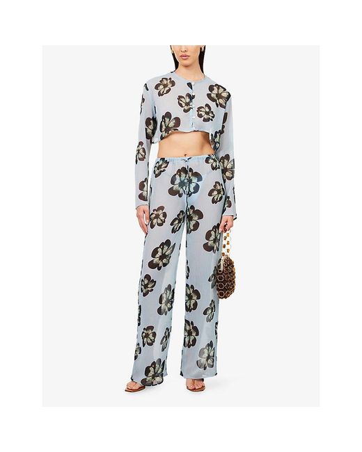 HYPHEN Blue Floral-Print Cropped Sheer Top