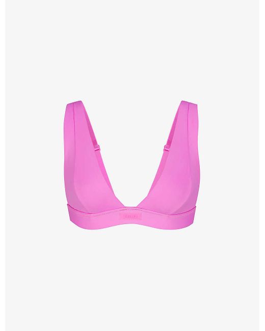 Skims Pink Signature Swim Plunge Stretch Recycled-nylon Bikini Top