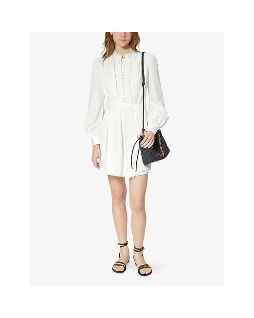 The Kooples White Belted Stand-Collar Cotton Mini Dress