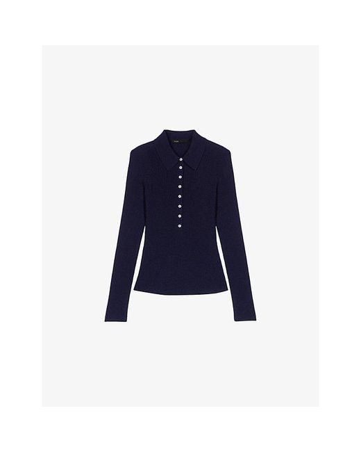 Maje Blue Ribbed Wool And Silk Polo Jumper