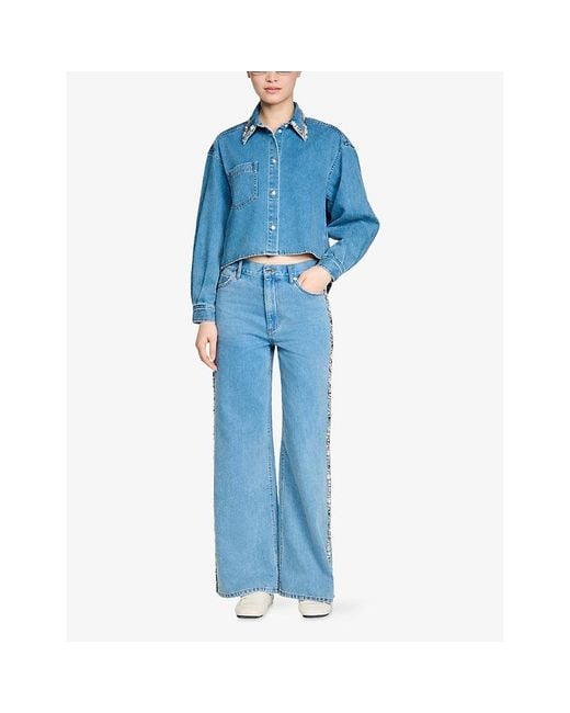 Sandro Blue Rhinestone-Embellished Denim Shirt