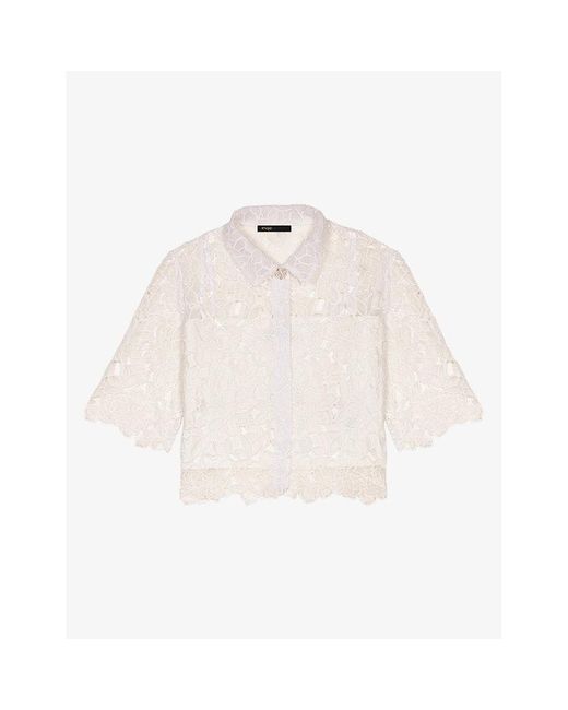Maje Natural Floral-Pattern Cropped Guipure-Lace Shirt