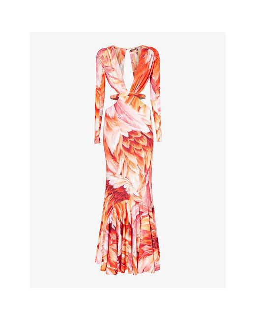 Roberto Cavalli Red Floral-print Long-sleeve Stretch-woven Maxi Dress
