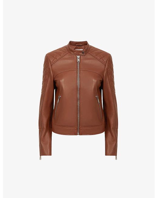 Reiss Brown Adelaide Quilted Leather Jacket