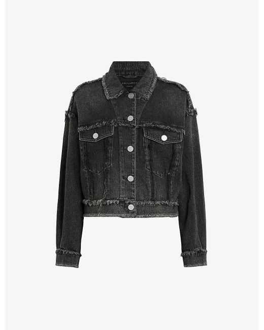 AllSaints Black Claude Frayed-trim Cropped Denim Jacket