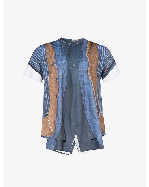 Comme des Garçons Blue Layered-print Short-sleeved Woven T-shirt for men