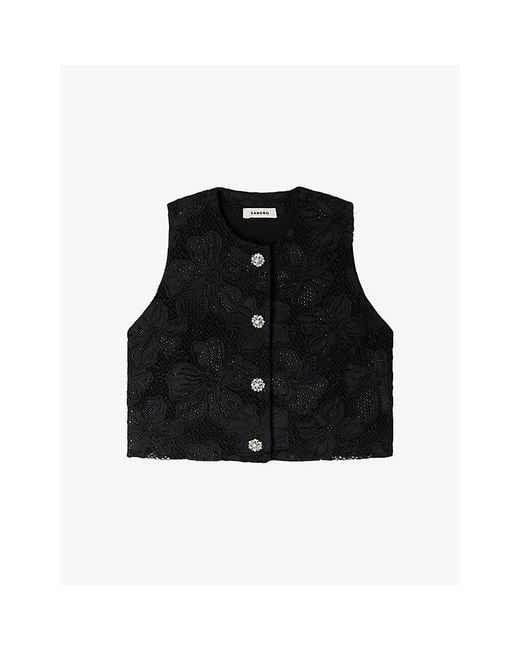Sandro Black Cropped Flower-Embroidered Woven Top