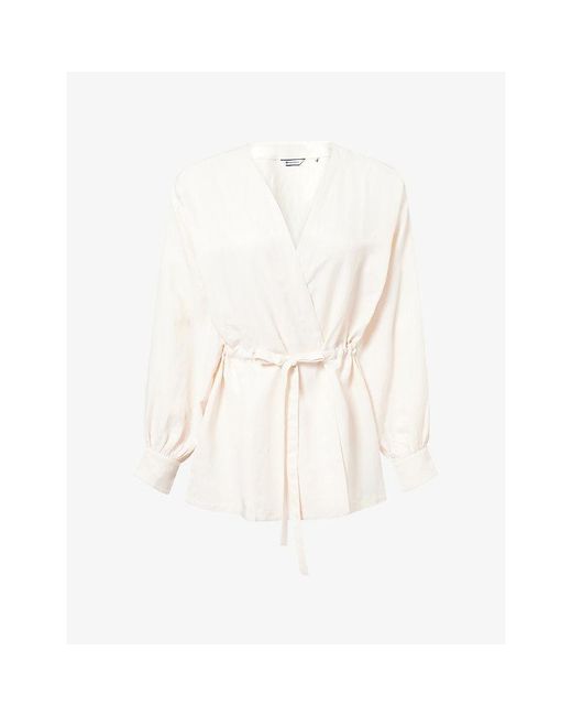 Kayanee White City Wrap-Front Linen-Blend Top
